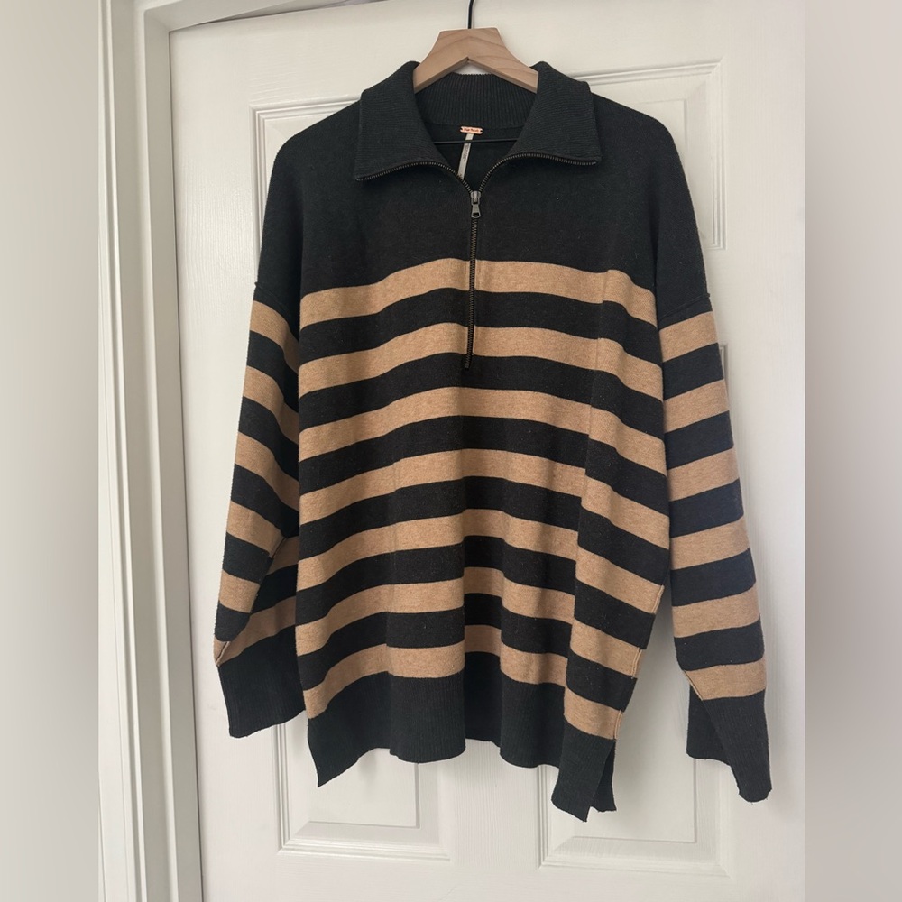 Free People Black and Tan Striped Zip-Up Sweater